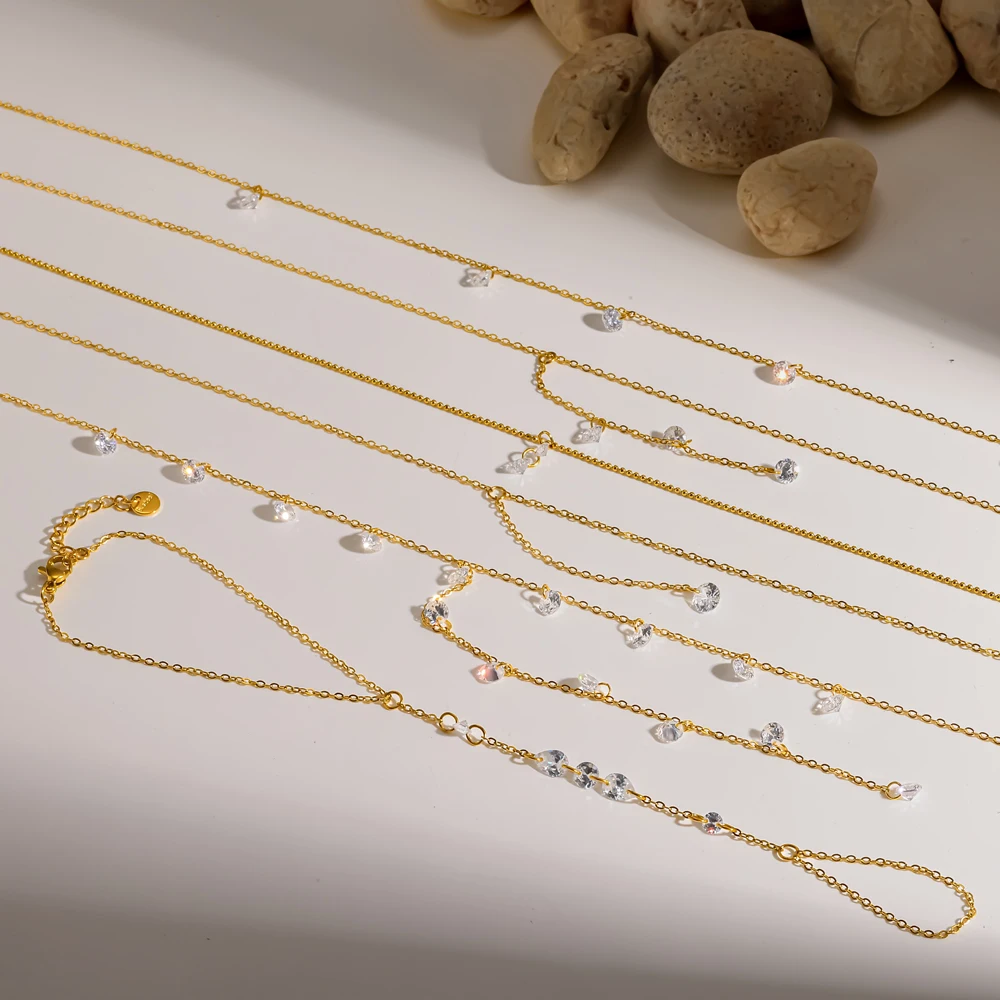 Women's Fashion 18K Gold-Plated Stainless Steel Layered Long Pendant Necklace with Bling Cubic Zirconia Stacked Jewelry Gift