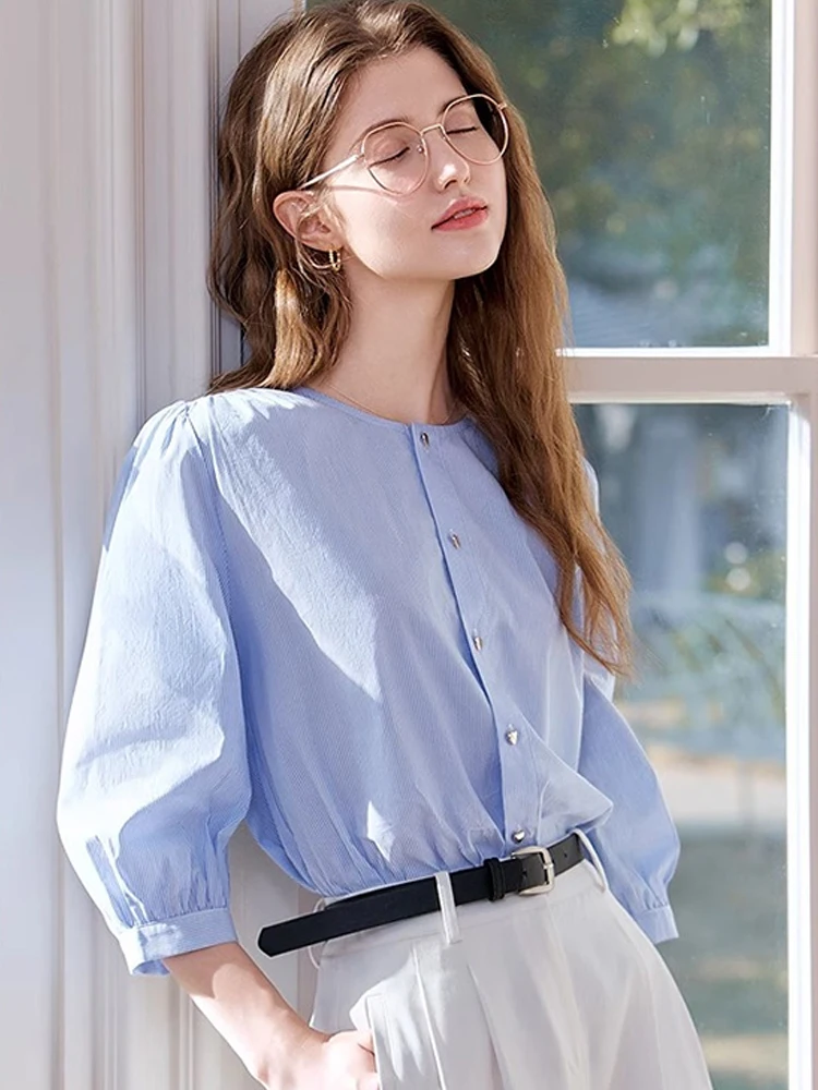 Casual round Ne irt Women's Single Button Seven Sve Simple Summer Faion Ele Design Sense irt Korean Sle Loos...