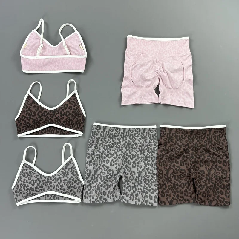 Women Leopard Print Shots Set Seamless Hip Lift Yoga Leggings and Push Up Sports Bra Sets Women 2Pcs Workout Gym Clothing