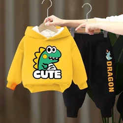 2024 Winter Kids Fleece Clothing Set Boys Hoodie Set Velvet Dinosaur Sports Suit Sweasthirt and Pants 2Pcs Training Suit Outfit