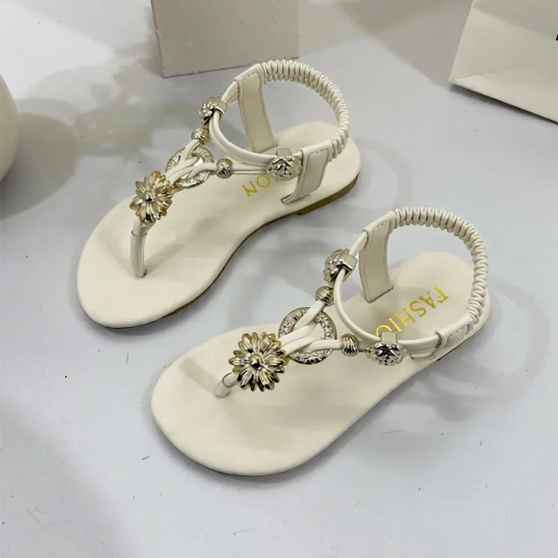 New Kids Summer Floral Sandals Outdoor Luxury Rhinestone Girls Clip-toe Shoes Boho Beach Causal Children Non-slip Flat Sandals