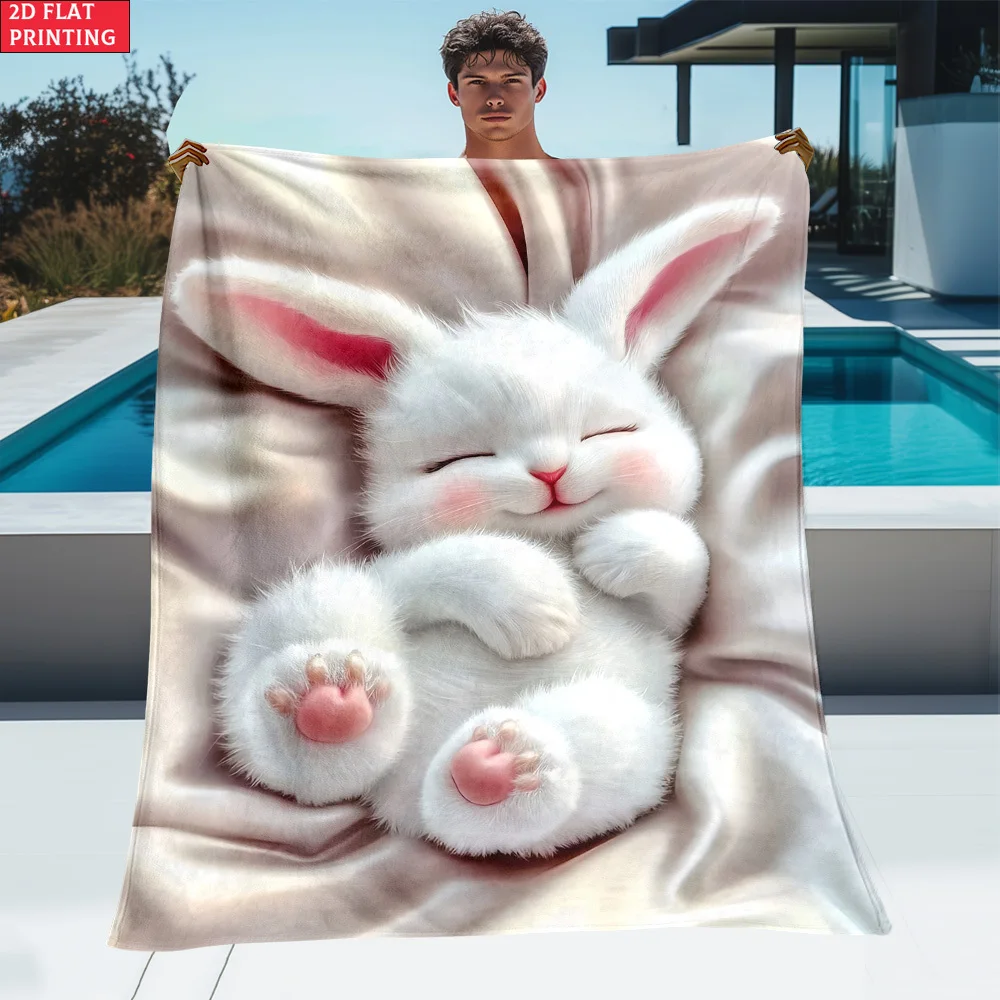 A Lightweight and Portable Blanket Featuring a Close-up Plush Rabbit Pattern, Perfect for Home Decor, Travel, Camping, the Livin