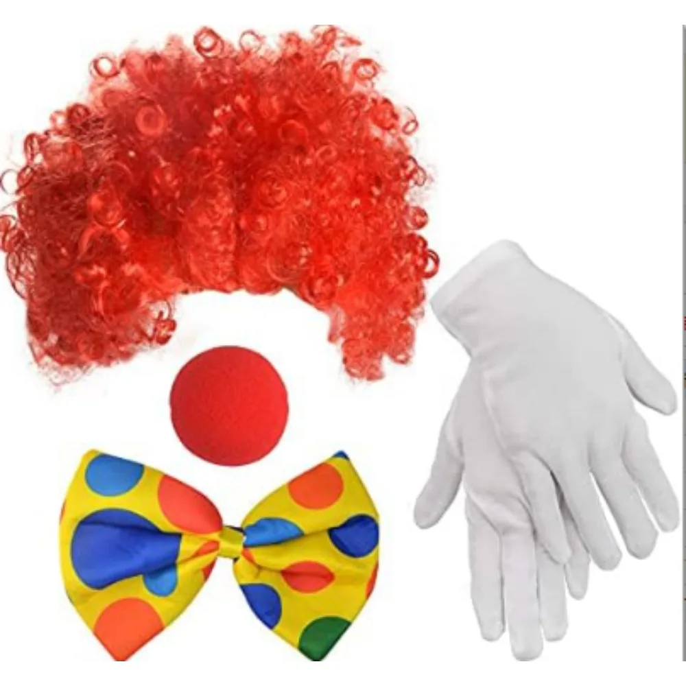 PESENAR  Sponge Clown Nose Spotted Clown Bow Tie White Short Gloves Orange Red Afro Wig