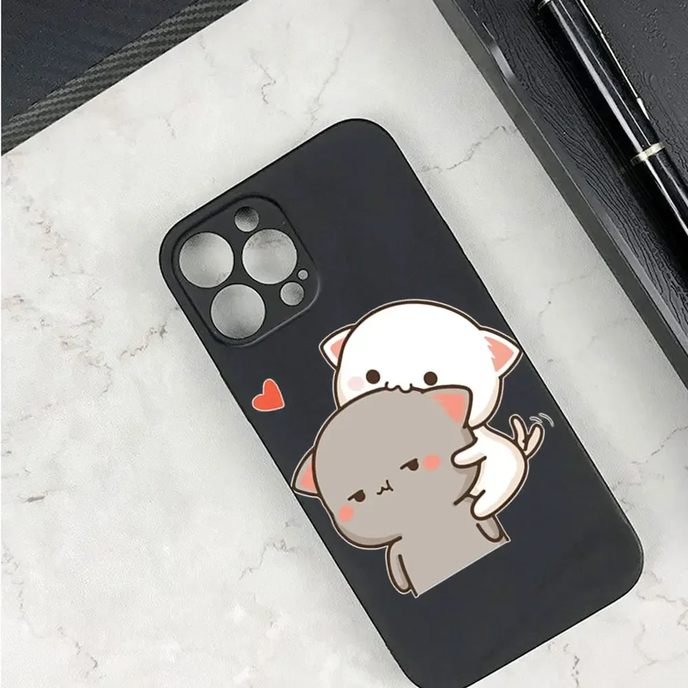 Funny Peach Mochi Cat Couple Phone Case for IPhone 13 14 15 12 11 Pro Mini X XR XS MAX SE2 7 8Plus Cute Animal Paired Soft Cover