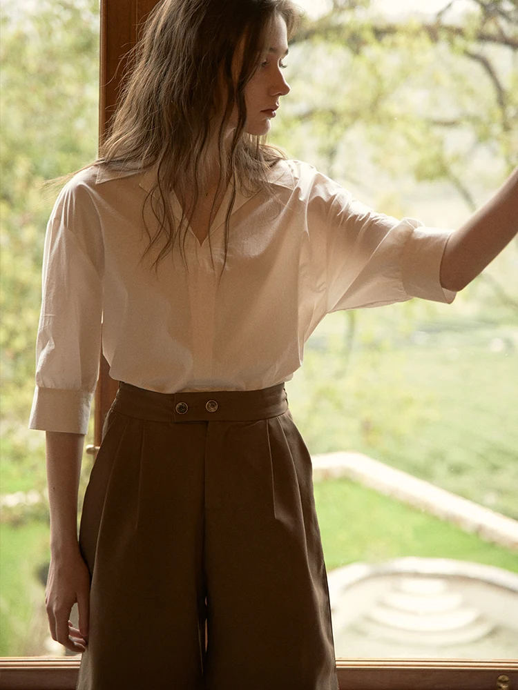 

Ele White Vintage irt for Women Cpaia Qinglei Zhiqing Design Sense Top Commute Sle Bubble Sve Five Length Straight