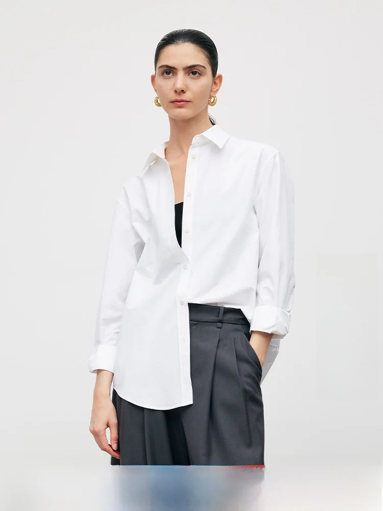 

Классический белый хлопок, чистый шелк, свободный крой, женский стиль, простой, весна-лето, длинный свек, воротник-стойка на пуговицах, irt