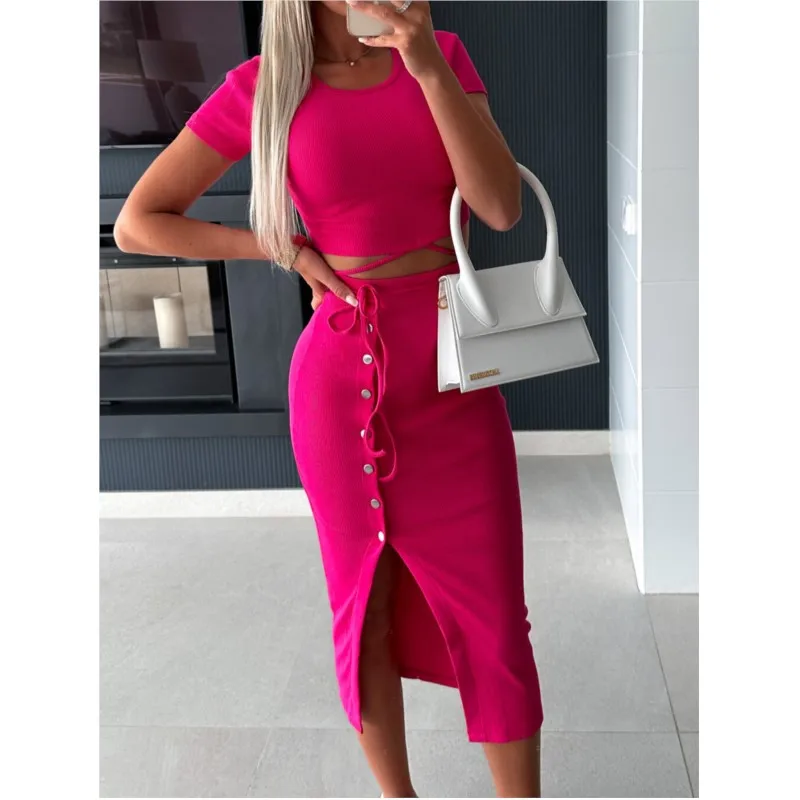 

Summer 2025new 2 pieces set for woman Short Sleeve round neck Solid color T-Shirt High Waist Mini Skirt Set Slim Office Outfits