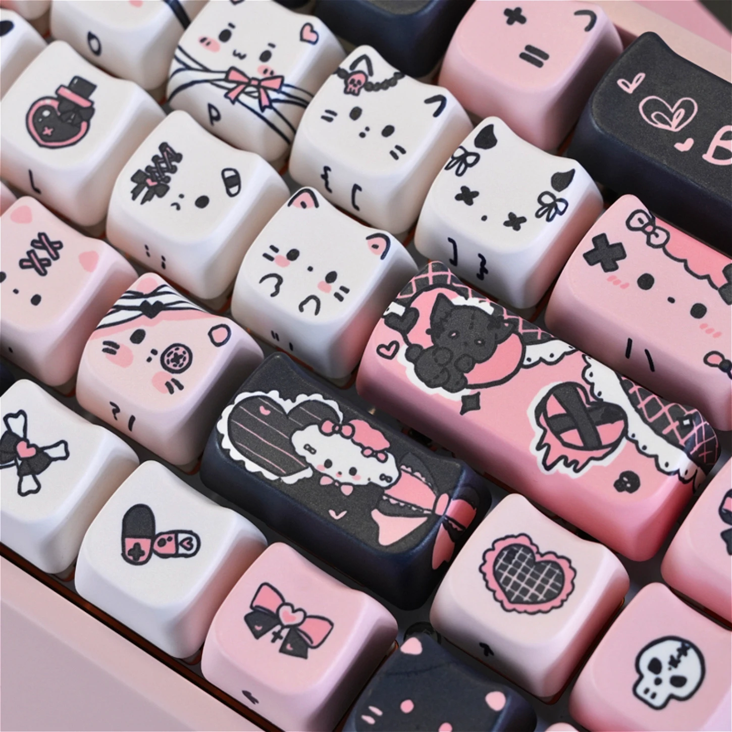 MAO Black Charm Cat Keychain Kit PBT 130 Key Cute Cat Head Keycap 60/64/84/98/108 Mechanical Keyboard MX Switch
