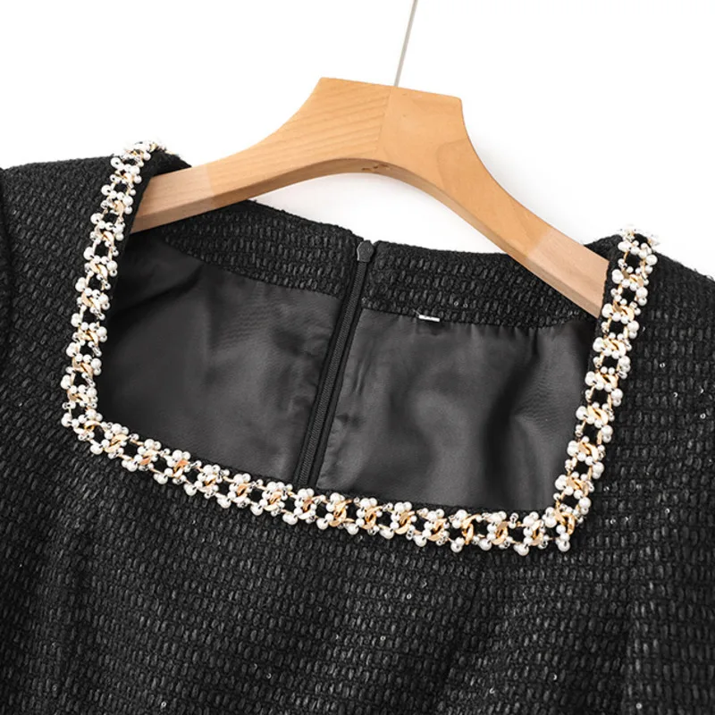 HKSH 2025 Autumn Winter New Women's Gown Dress Square Collar Beaded Waist Cinching Slim Fit Elegant Formal Party Dresses HK14492