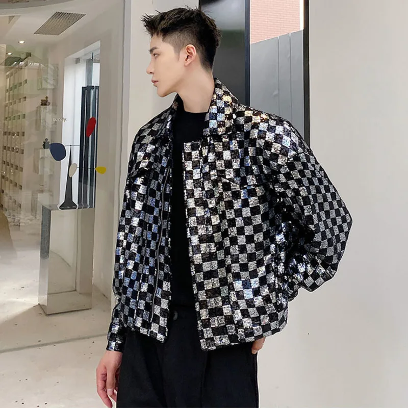 PFNW Sequin Embroidered Plaid Short Men's Jacket Chic Design Lapel Zipped Short Coat 2025 New Autumn Oversized Clothing 9Y9983