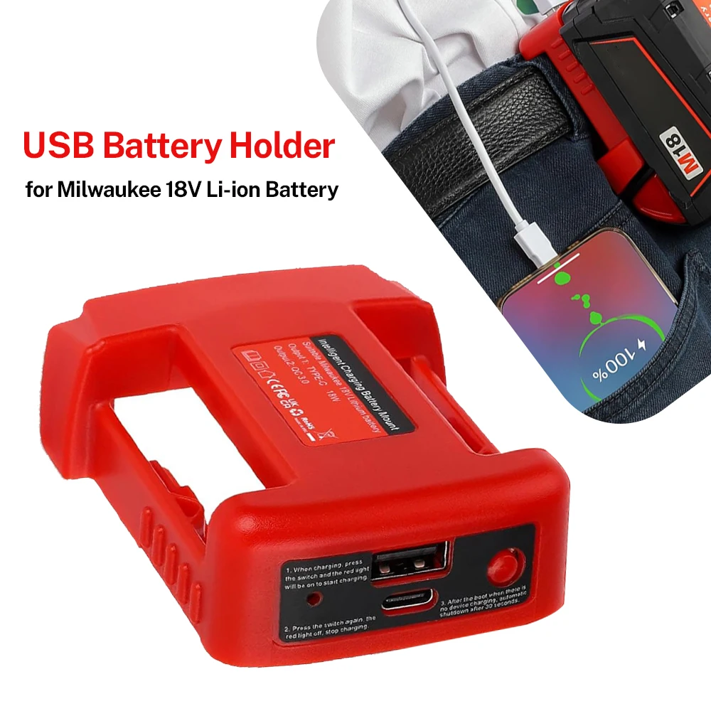 Battery Holder Compatible with Mliwaukee 18V Lithitum Battery Adaptor with USB Charger & Type-C PD Power Source Charger