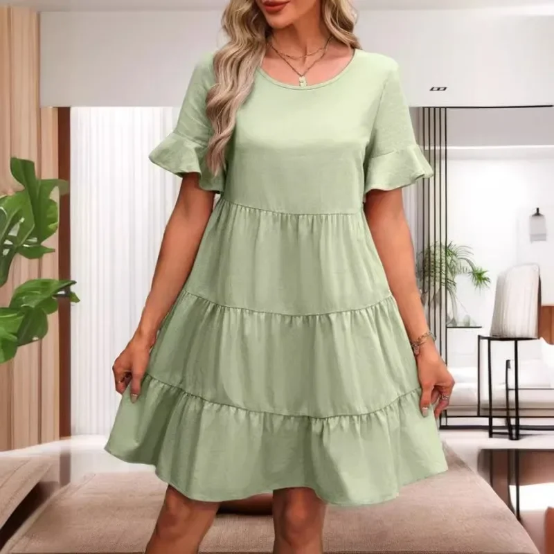 

Summer Solid Color Round Neck Women Party Female Fashion Short Sleeved High Waist A Line Casual Vestidos Office Lady Chic Dress