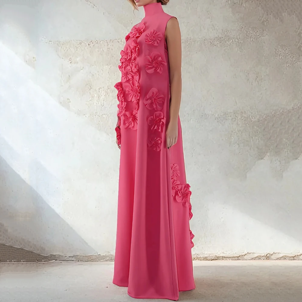 Vestidos de Noche acampanados para mujer, vestido de fiesta sin mangas con cuello alto hasta el suelo, vestidos personalizados drapeados simples con flores a la moda