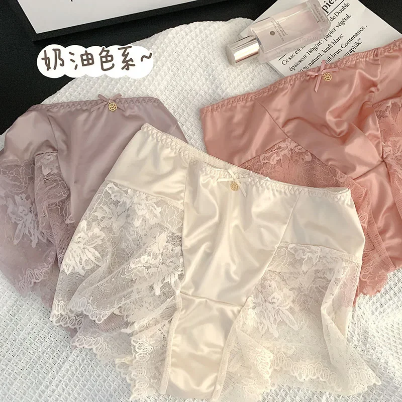 2024 Large Underwear Women\'s High-waisted Sexy Lace Mesh Stitching Ice Satin Mulberry Silk Crotch Boxers Panties Sexy Lingerie