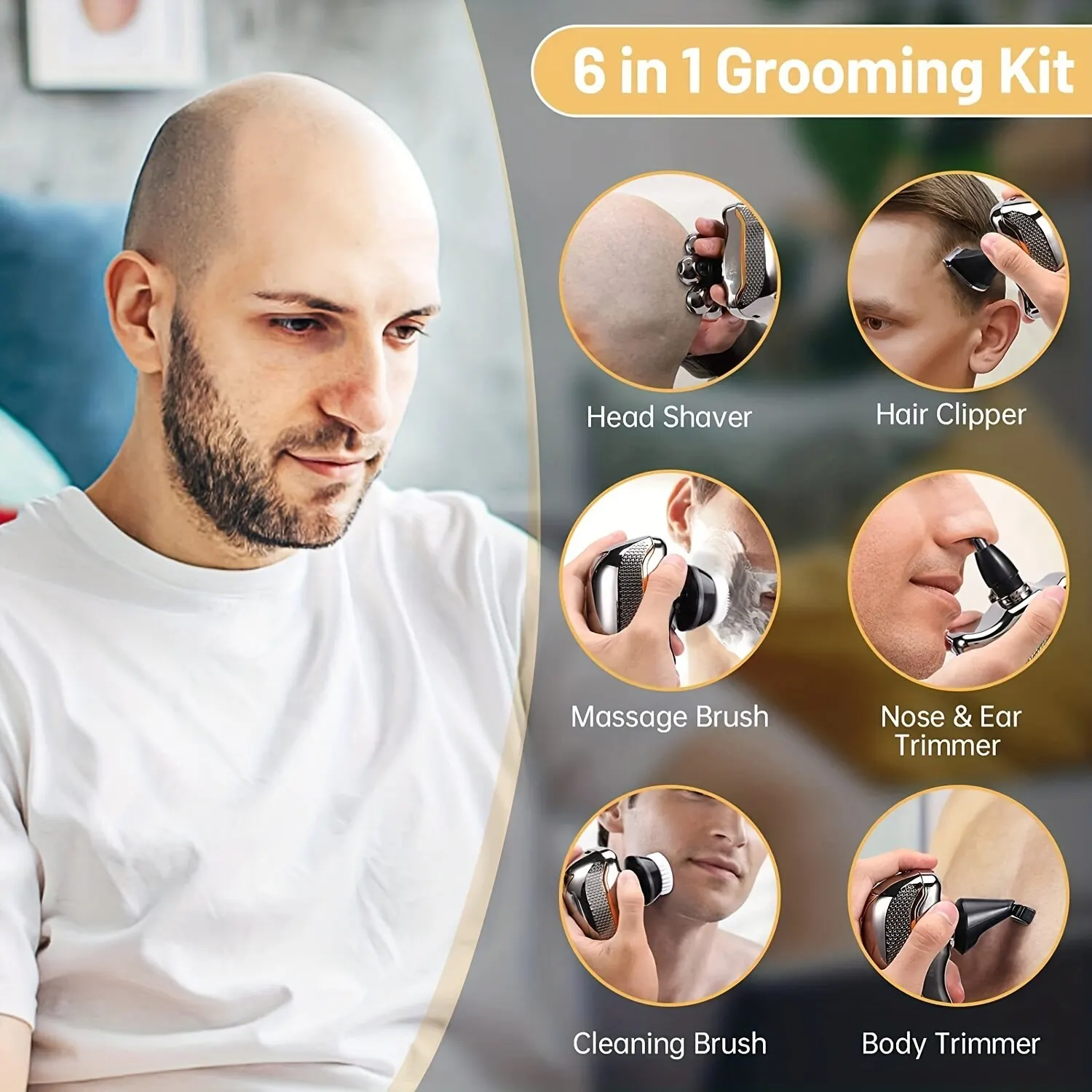 ماكينة حلاقة كهربائية لاسلكية قابلة لإعادة الشحن للرجال ، شفرات حلاقة الشعر للرجل الأصلع ، آلة تشذيب اللحية المقاومة للماء ، رطبة وجافة ، 6 في 1