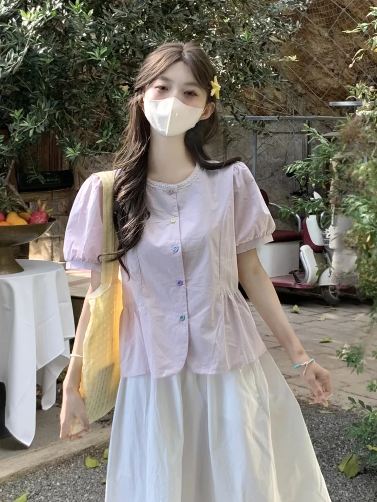 

Chic Summer Short Sleeve Bubble Sleeve Shirt Women's Loose Slimming Top Button Detail Casual Stylish Korean Style