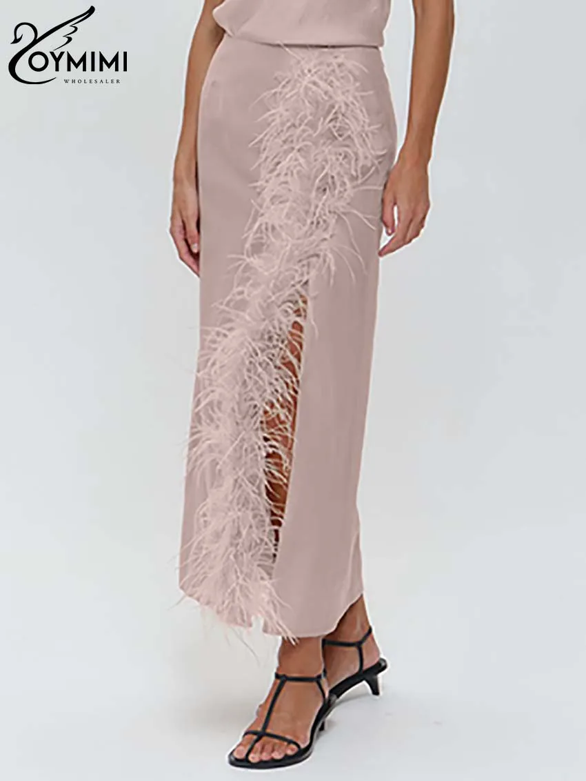 

Oymimi Fashion Pink Feathers Women's Skirt Elegant High Waisted Side Slit Skirts Casual New Straight Ankle-Length Skirts Female