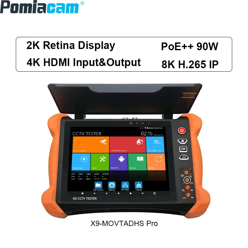 Full Function X9-MOVTADHS Pro PoE++ 90W 2K Retina Screen 8K H.265 IP CCTV Tester IP Camera Tester 8MP TVI AHD CVI Camera Tester