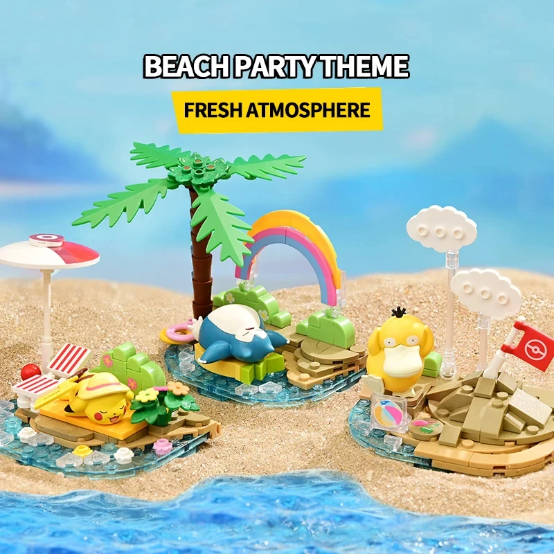 Pikachu Psyduck Seaside Party Theme Scene Model Bricks Pokemon Building Blocks Desktop Decorative Ornaments DIY Toys Adult Gifts