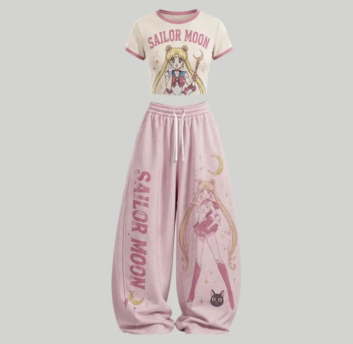 26/27 Men/Women Sailor Moon 2 Piece Outfits Tank Top Wide Leg Pants Sets Anime Print Trousers Y2K Streetwear Matching Tracksuit