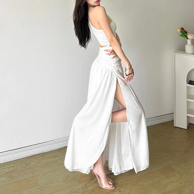 2025 nueva moda Sexy elegante Maxi vestido de verano de las mujeres fuera del hombro sin mangas recortado playa temperamento largo vacaciones Vestidos