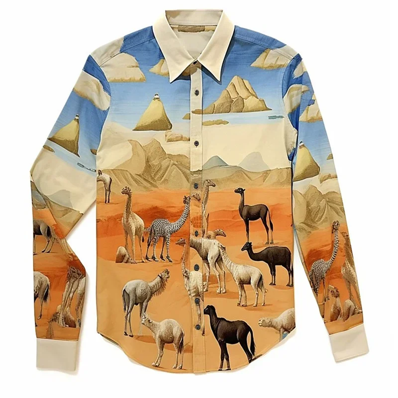 Men's shirts with personalized pattern printed lapel long sleeves large size daily business casual comfortable long sleeves