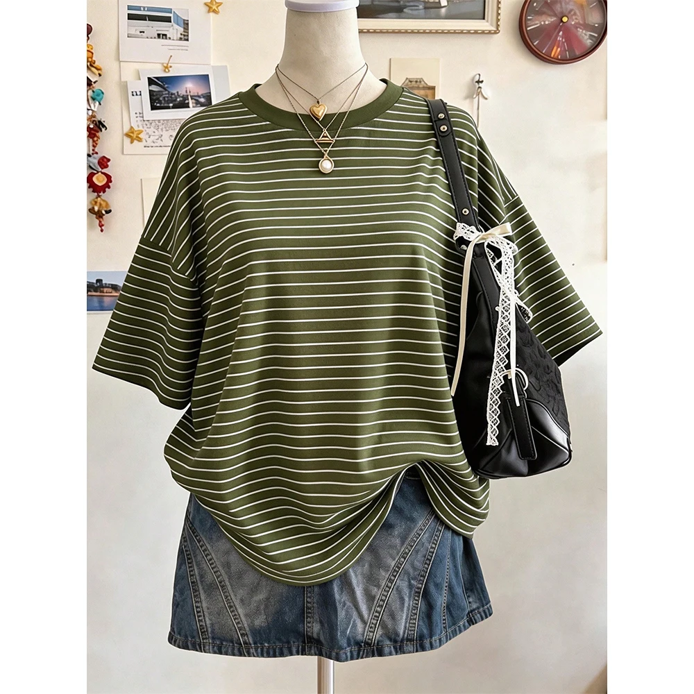 Neues Y2K Gestreiftes Digital-Print Casual Oversized Mittellanges Rundhals-T-Shirt mit Überschnittener Schulter für Kinder Street Fashion Lässiges Sport-Oberteil – Detail 5