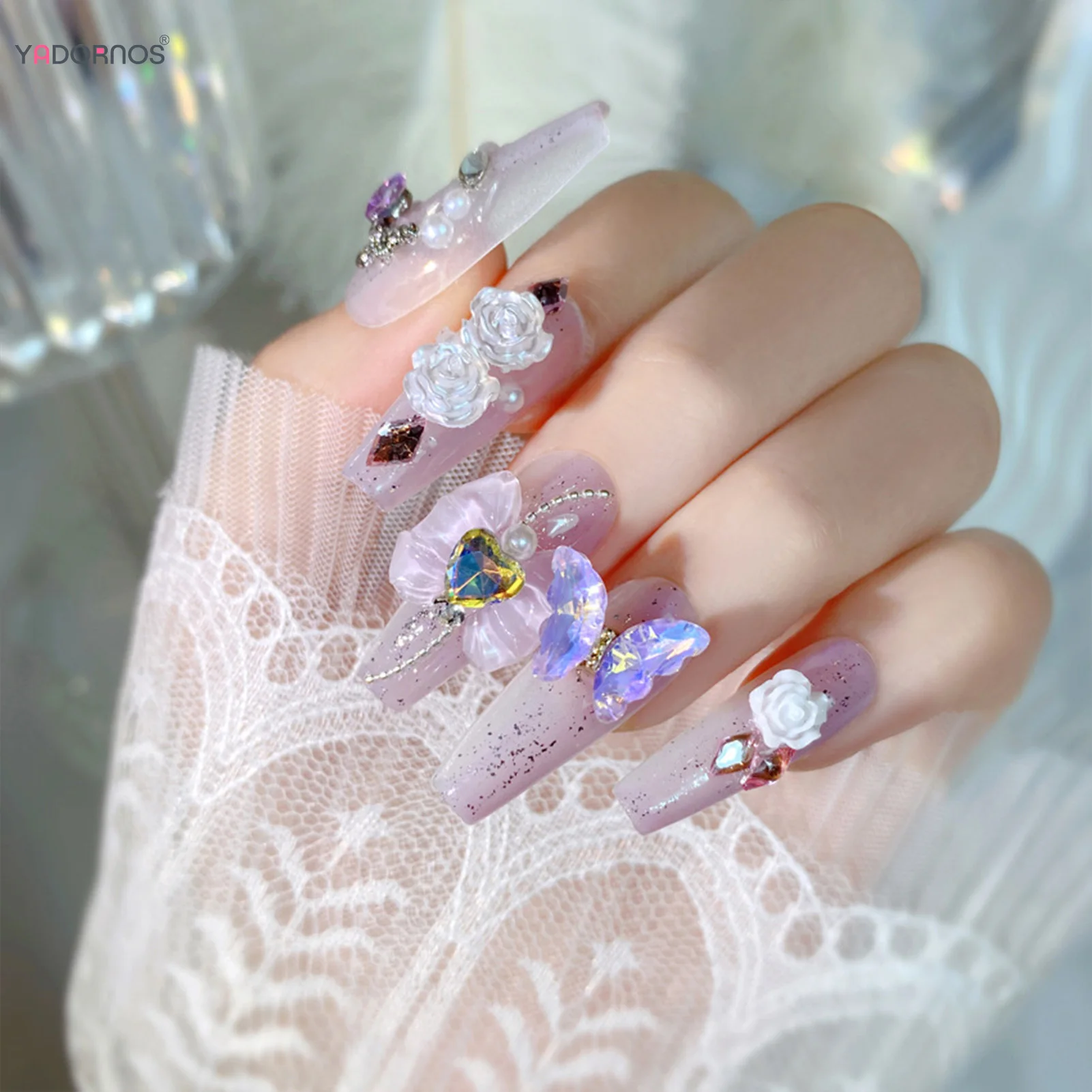 Uñas postizas de color púrpura claro hechas a mano para mujer, decoración de flores con lazo de mariposa, bailarina larga, manicura usable para fiesta diaria