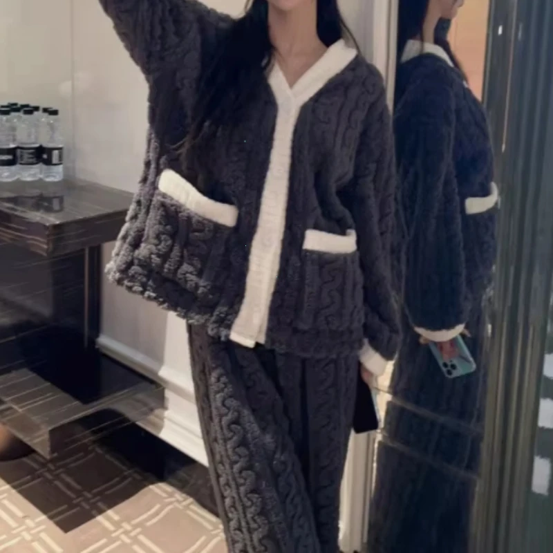 

2 шт./компл. осенние и зимние пижамы женские утолщенные мягкие теплые студенческие коралловые девушки сгусток бархатный костюм домашняя одежда кардиган брюки 1p