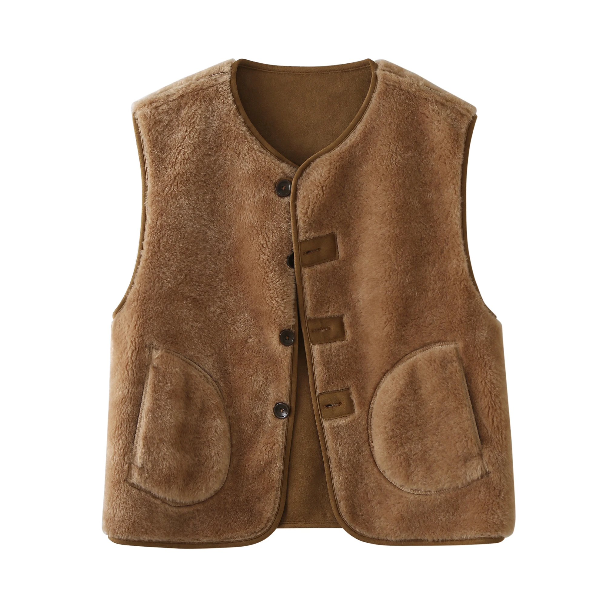 Retro Suede Double-Sided Wear Women's Vest Autumn Winter Lamb Fur Outerwear Overlap Single Button Closure Fashion Ladies Vest