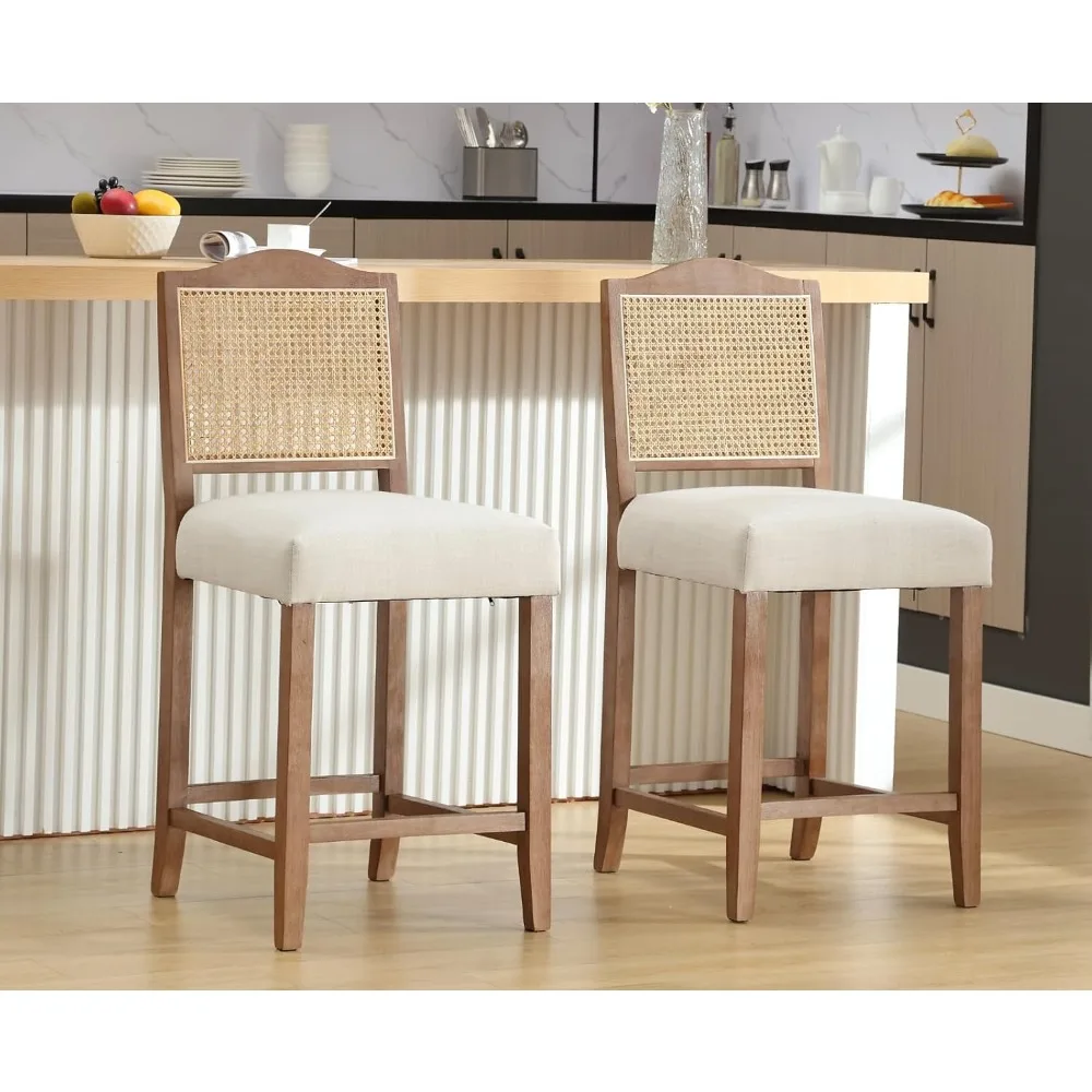 Counter Height Bar Stools Set of 2 Farmhouse Barstools with Rattan Back Comfortable Upholstered Bar Chairs Mid Century