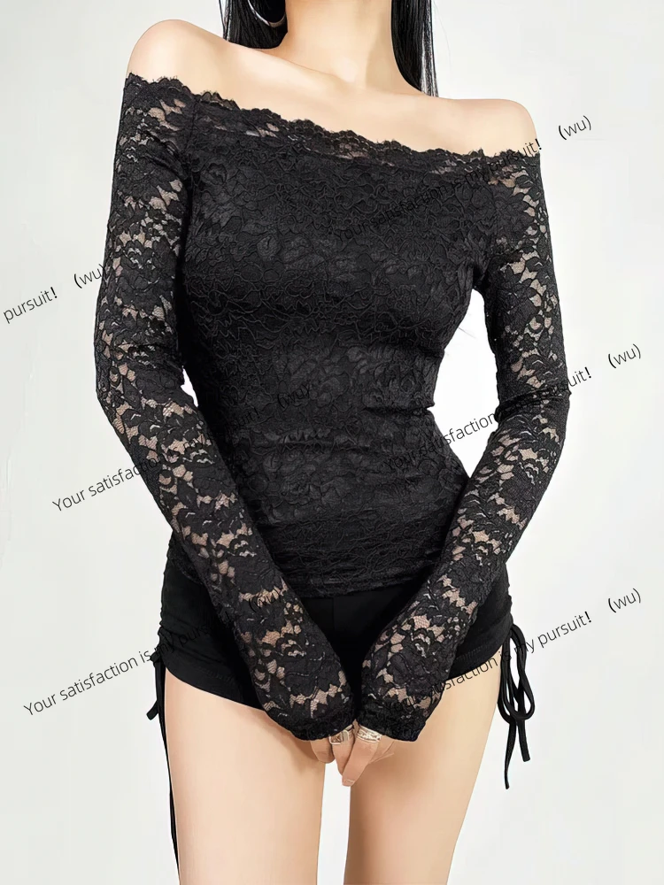 

ZOCI-Сексуальный кружевной женский топ с открытыми плечами, женский приталенный крой, базовая футболка с длинными рукавами на кружевной подкладке, женская рубашка из полой сетки