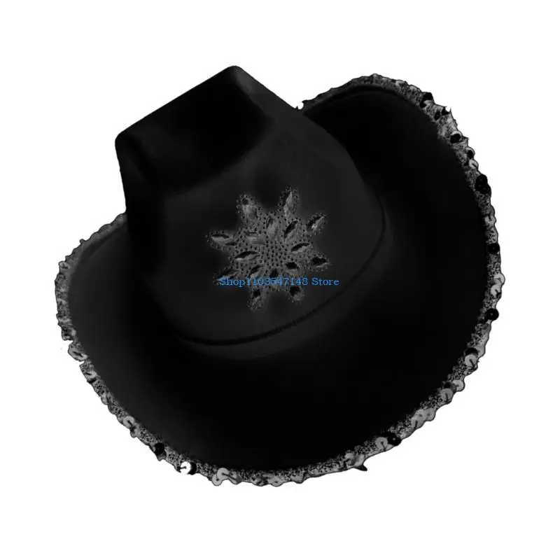 

P88B Fashion Rolled Brims Cowboy Hats with Sequins Trim Woman Banquets Party Hat