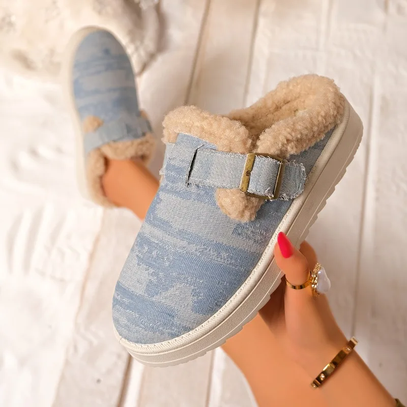 Winter Women's Round Closed Toe Comfortable Thick Sole Mid Heel Cotton Slippers Women Keep Warm Casual Fashion Cotton Slipper