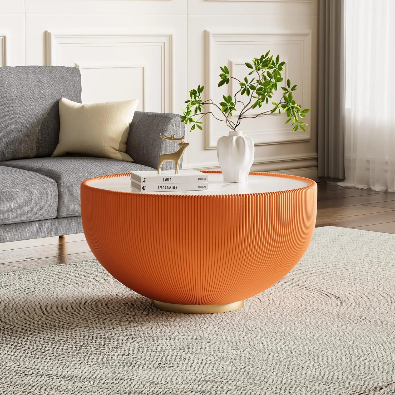 29.53" Orange Round Drum Coffee Table - Sintered Stone Tabletop, Fluted PU Leather Cover & Metal Base,