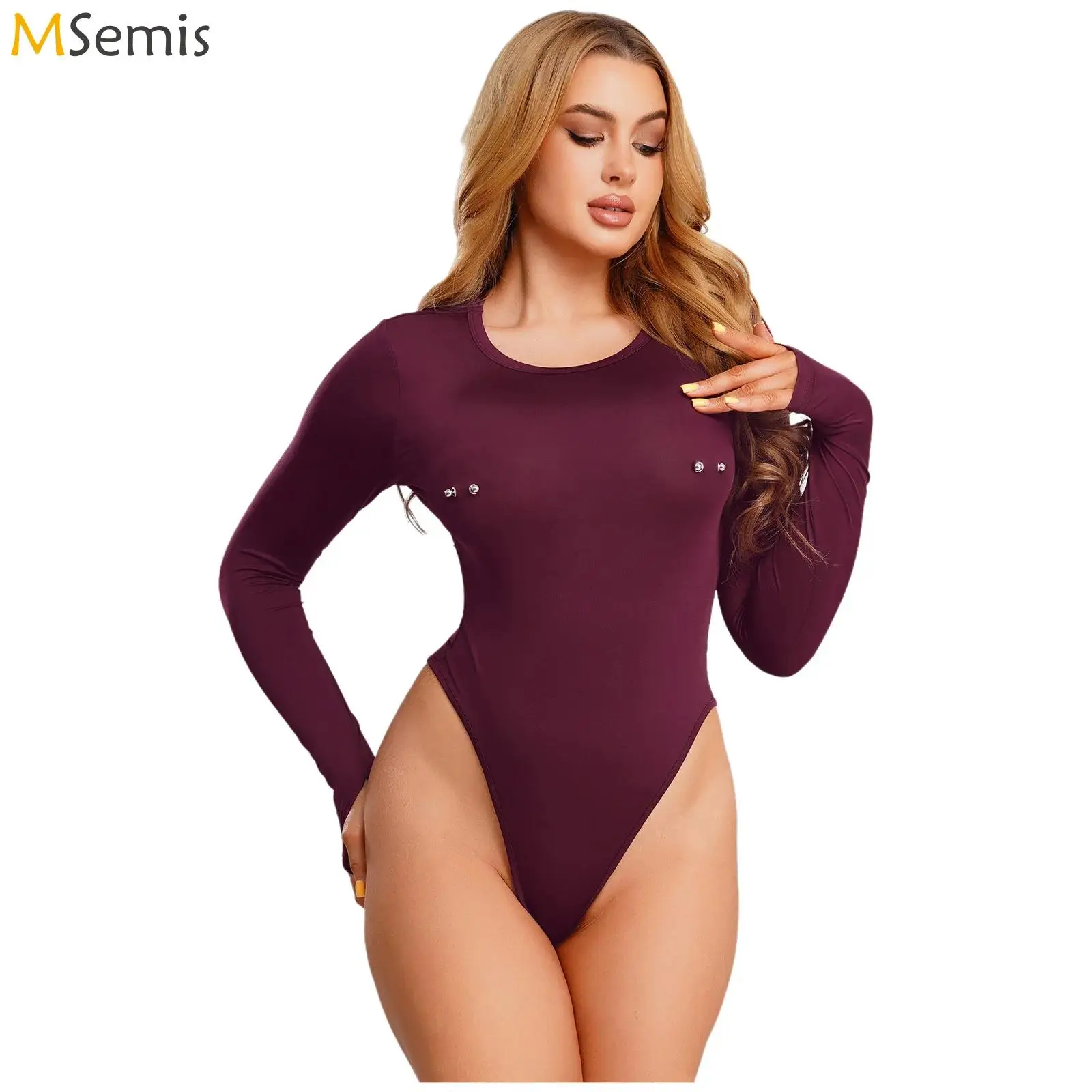 

Womens Lingerie Crotchless Bodysuit Form-fitting High Cut Bodysuit with Metal Decorative Long Sleeve Studs Basic Body Tops