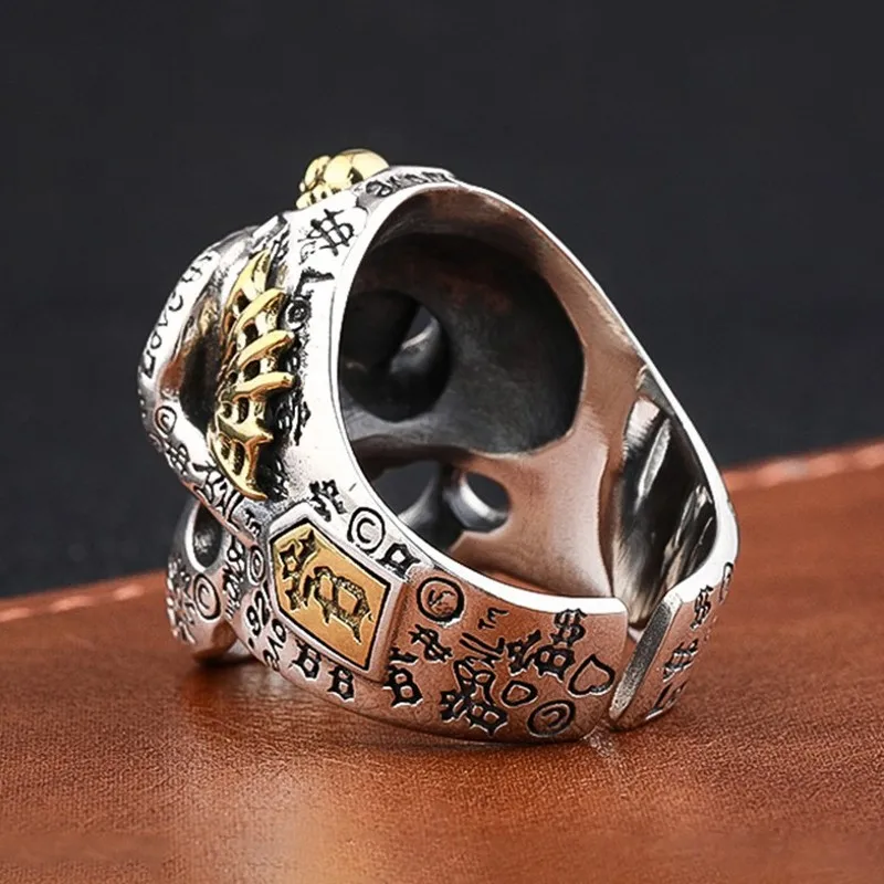 BOCAI Real New Graffiti S925 Silver Domineering Motorcycle Rock Skull Head Ring for Men Fashionable and Personalized Jewelry