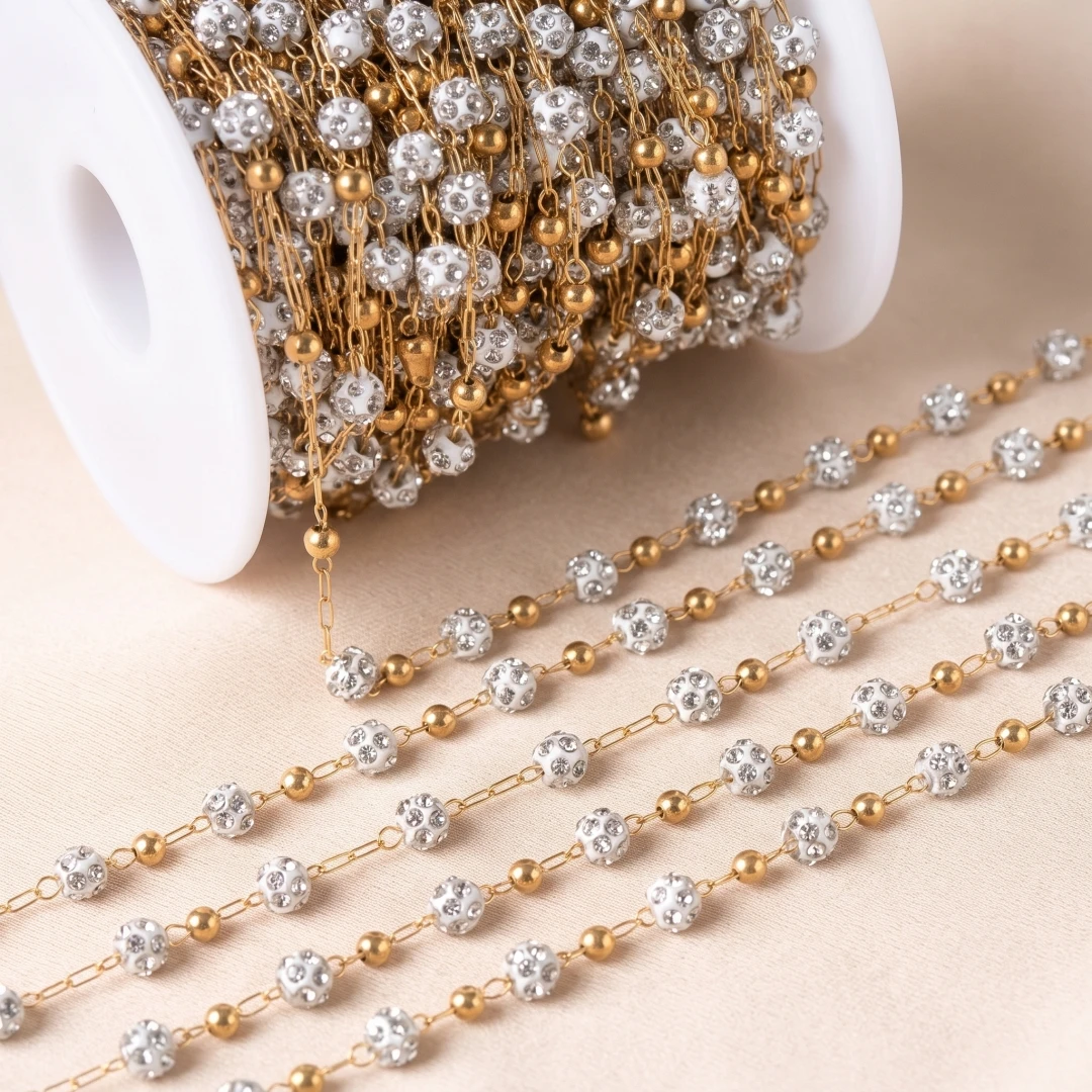 Chaîne perlée en acier inoxydable de 1 mètre pour la fabrication de bijoux, avec strass, diamants, perles rondes en argile disco, pour colliers et bracelets DIY