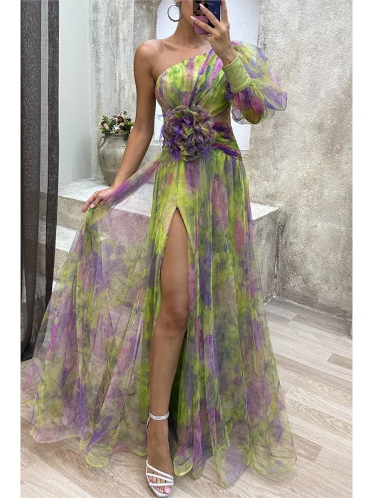 Elegant Oblique Shoulder Single-sleeve  Zipper High Slit Mesh Long Dress For Women Fashion Flower Decoration Party Dress Female