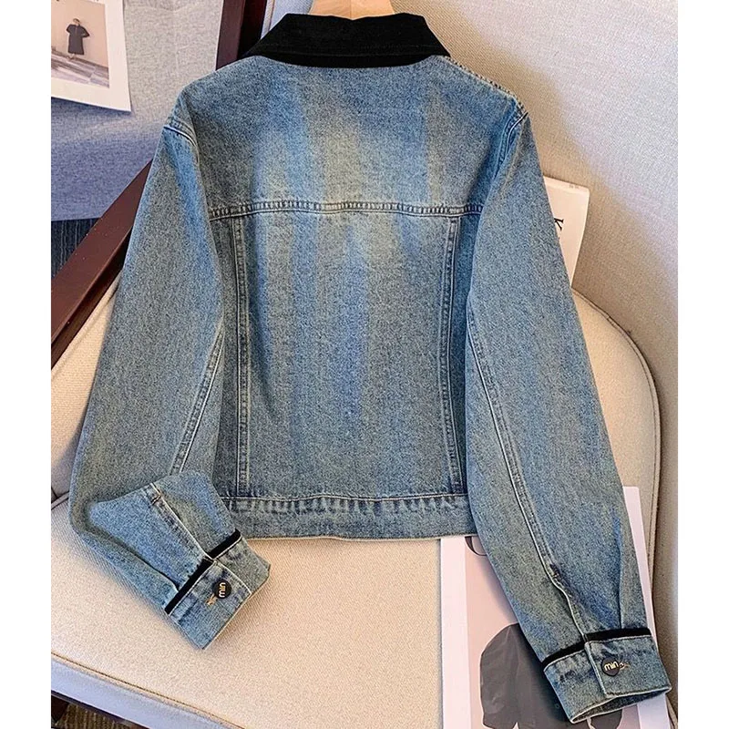 Vintage Jeans Jacket lady Casual All-match Contrast Color Chinese Knot Decorative Denim Coat Women's 2024 Spring New Loose Tops