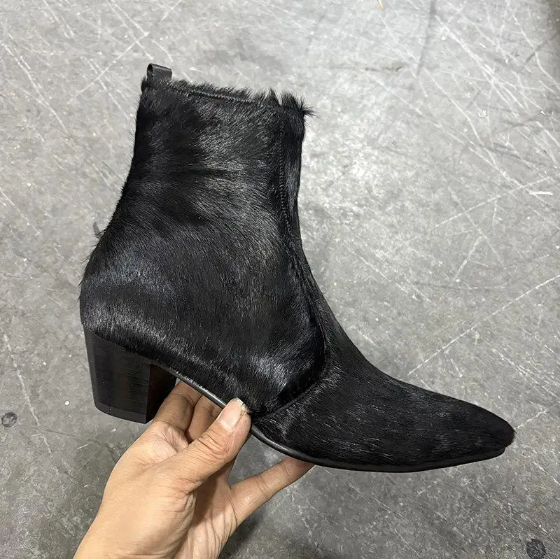 Genuine Horse Hair Leather Chelsea Ankle Boots Pointed Toe Block Heel Side Zip Mens Fashion Ankle Boot Luxury Textured Footwear