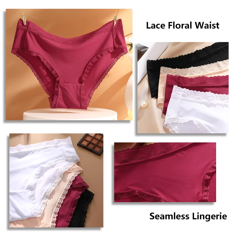 3Pcs Women Seamless Ultra-Soft Underwear Sexy Low Waist Lace Panties Female Breathable Solid Briefs Sports Comfort Lingerie S-XL