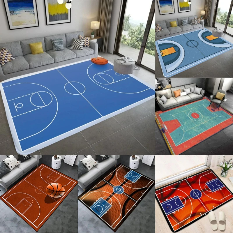 Basketball Court Design Carpet Blue Orange Red Color Non Slip Floor Mat for Sports Theme Room Home Decor Rug