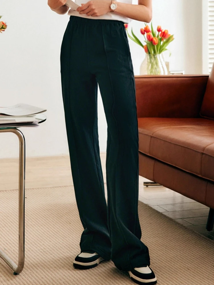 OLrain Dames Zwarte Rechte Broek 2025, Herfst Nieuwe Hoge Taille Wijde Pijpen Broek Draperie Afslanken Casual Joggingbroek O21DK60048