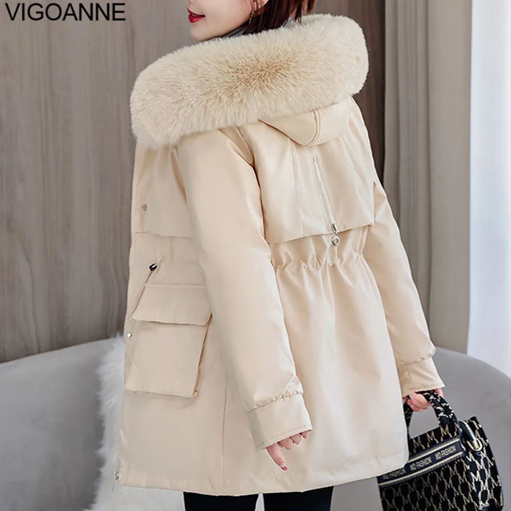 VigoAnne 2025 invierno grueso cálido abrigo largo con capucha mujer coreano sólido bolsillo Casual chaqueta de manga larga suelta señora bolsillos prendas de vestir