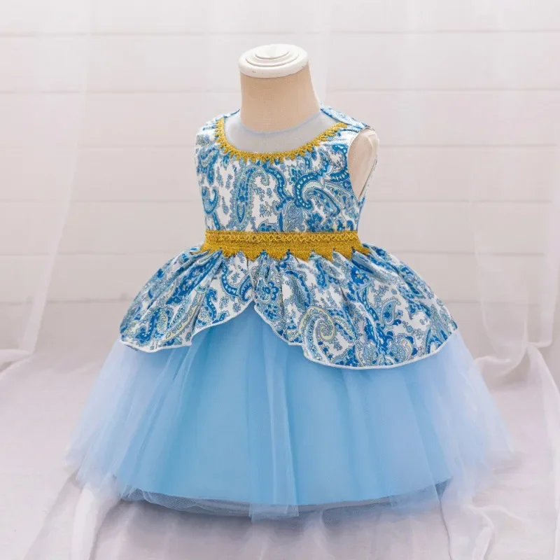 Vestidos con estampado azul para niñas, ropa de princesa con costura de encaje, vestidos de noche para fiesta de primer cumpleaños