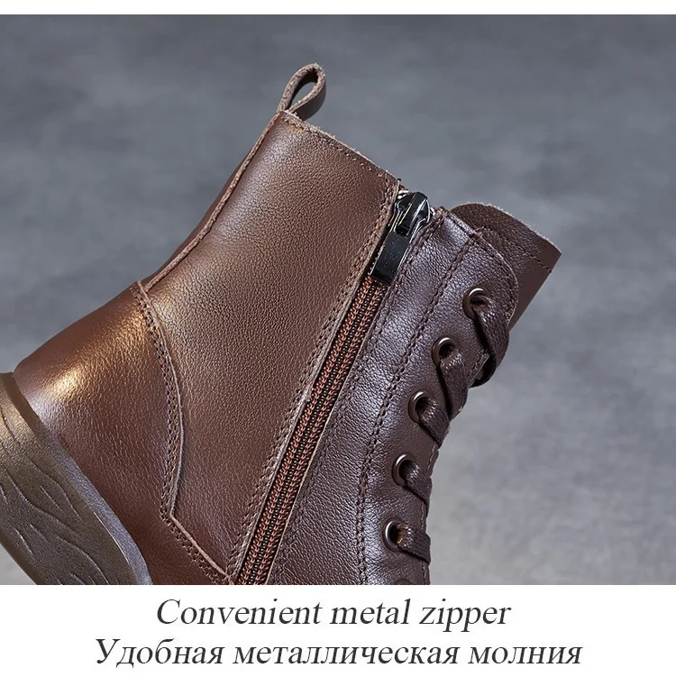 DRKANOL Frauen Echtes Leder Kurze Stiefel Runde Kappe Aus Echtem Leder Handgemachte Retro Street Style Winter Warme Wohnungen Stiefeletten – Detail 19