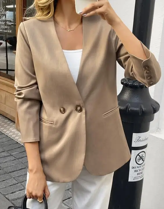 

Autumn Solid Color Elegant V-Neck Double Breasted Front Suit Jacket, Women's Fashionable Temperament Elegant Suit Jacket