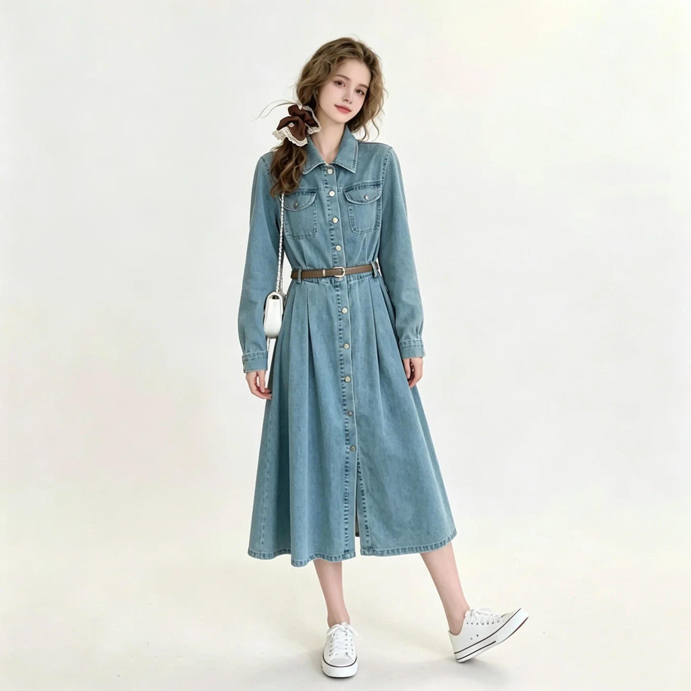 Blue Vintage Waist-Cinching Denim Shirt Dress Women Early Spring Sweet Or Salty Atmosphere Waist-Cinching Midi Skirt