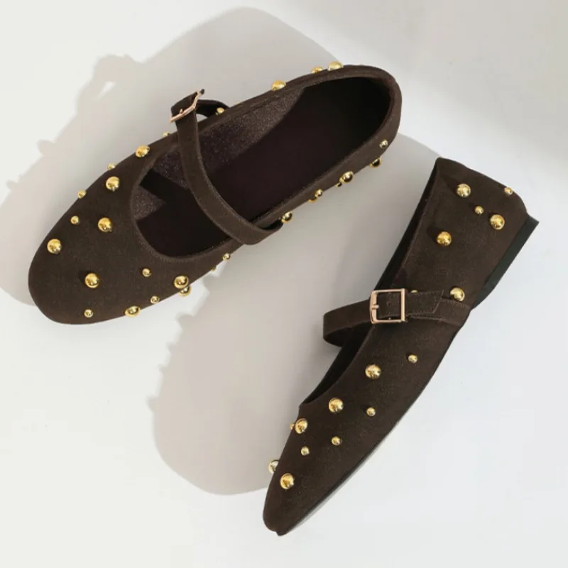 2024 Autumn Brand Mary Jane Shoes for Women Fashion Rivet Suede Classic Retro Brown Casual Soft Bottom Comfortable Ladies Flats